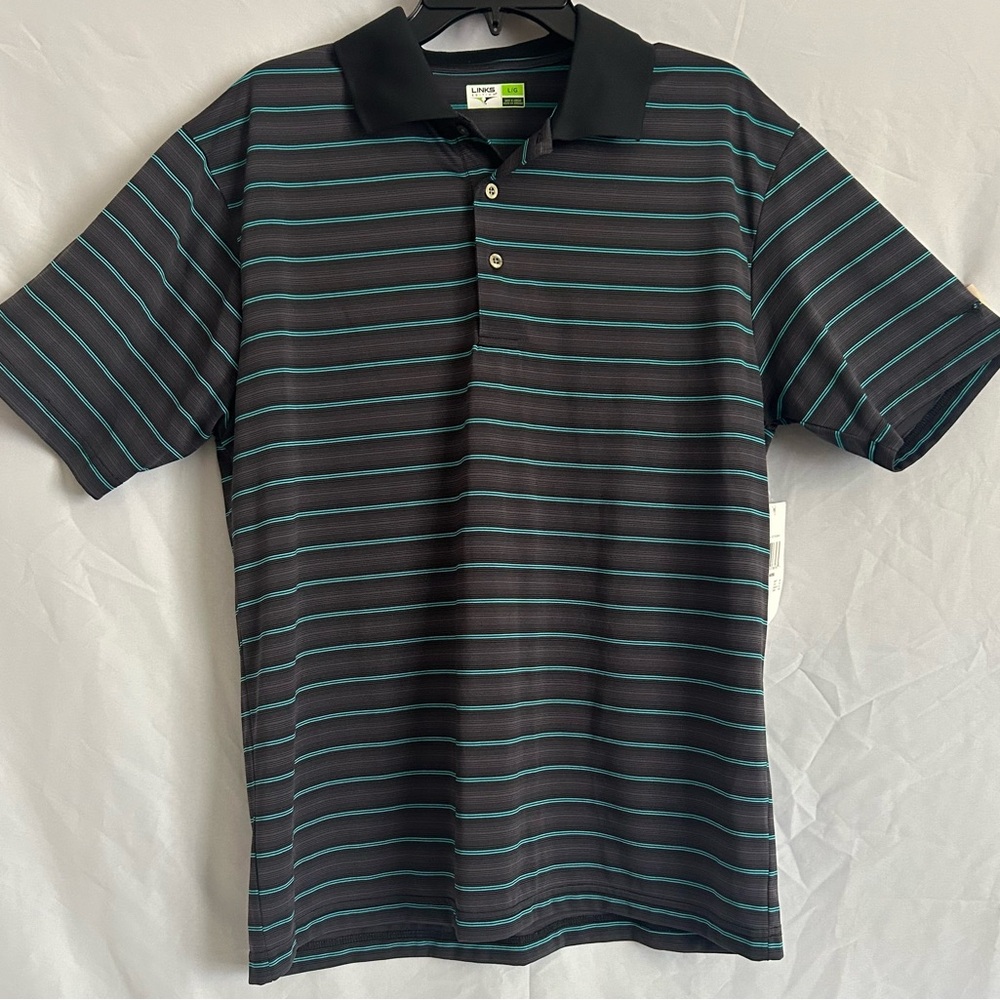 Links Edition golf polo Mens sizeL striped black blue short sleeve casual preppy